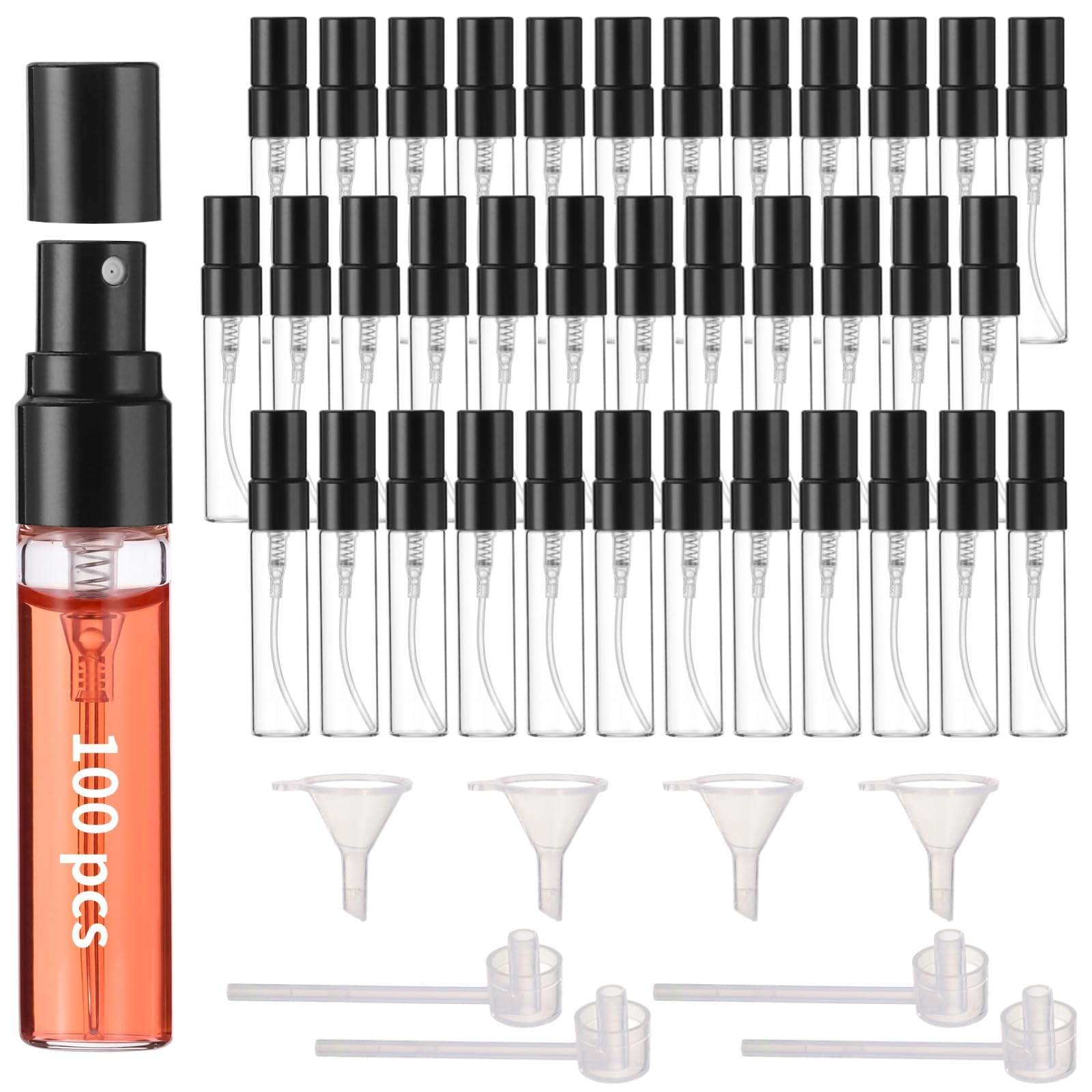 Mini butelki z rozpylaczem, 5 ml, szklane butelki na perfumy, przenośne pojemniki na próbki z czarnymi nasadkami, rozpylacze drobnej mgły, w zestawie 4 lejki i 4 dozowniki