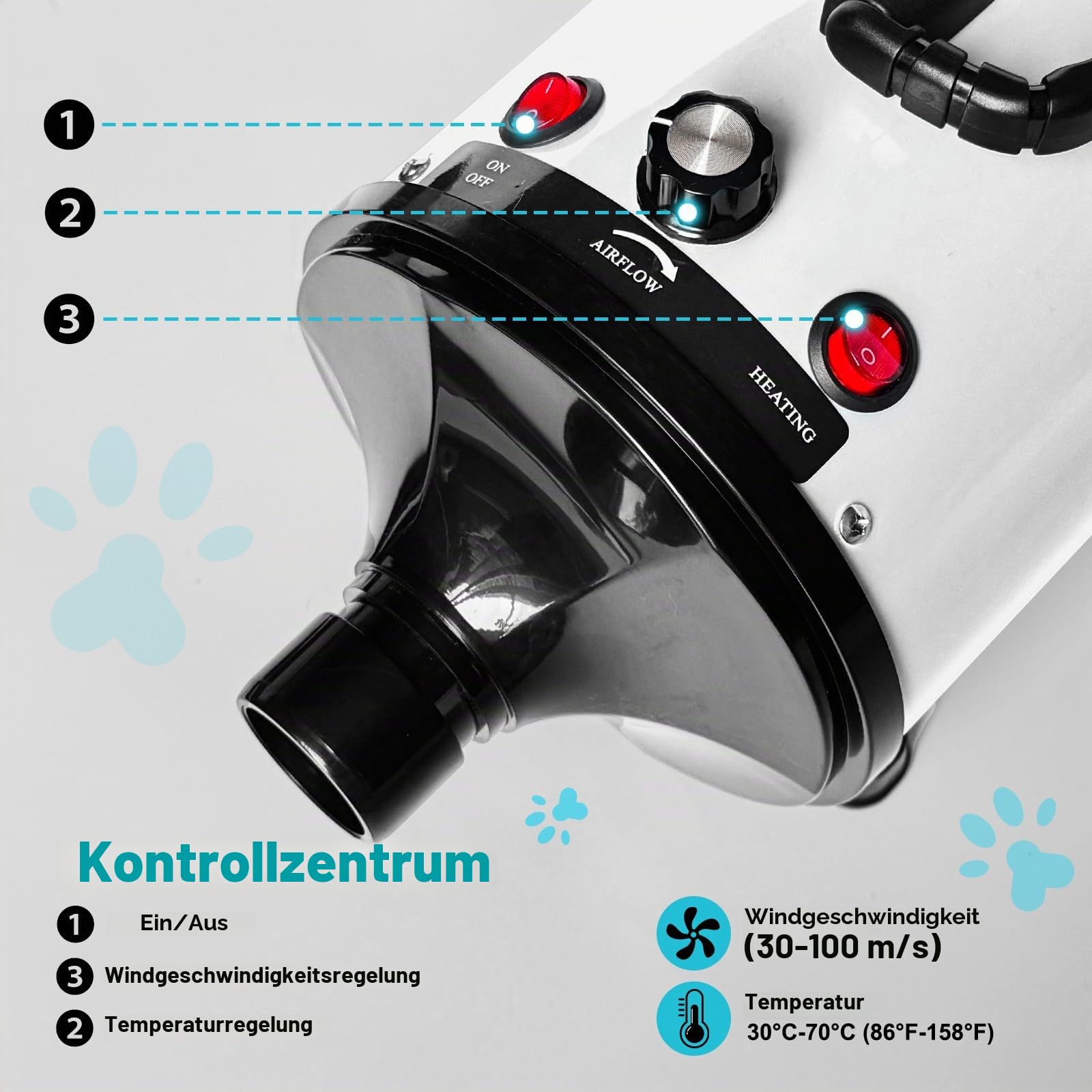 Hundefön Hundetrockner, 2800W Profi Blower hundefön, Einstellbare Geschwindigkeit und Wärme, Pet Dryer Haustier Haartrockner Hundepflege -Trockner-Gebläse mit 4 Verschiedenen Düsen (Weiß)