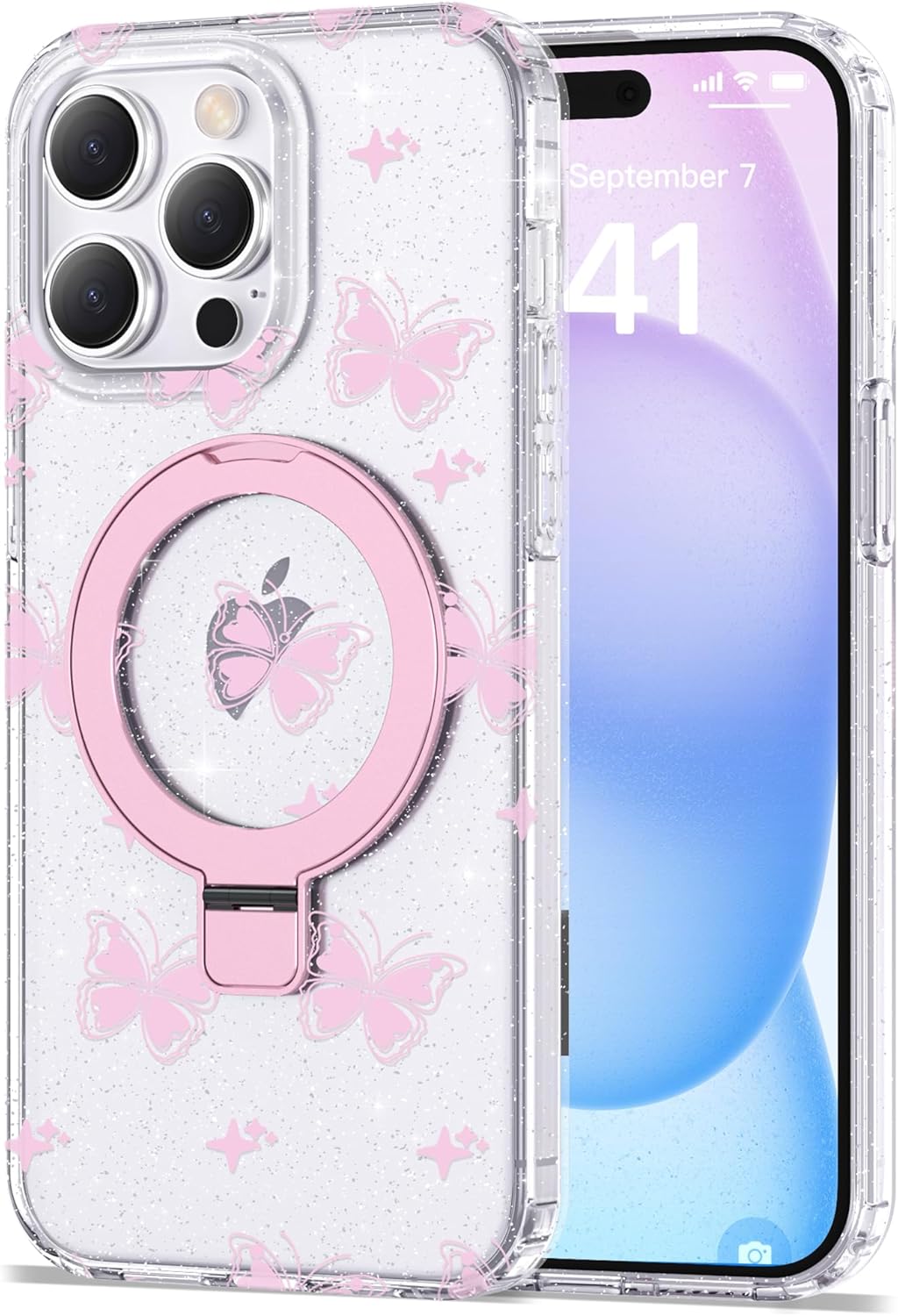 Compatible with iPhone 15 Plus Case Clear Pink Butterfly Pattern Design with Magnetic Ring Stand [Compatible with Mag-Safe] Cute Soft TPU Shockproof Protective Phone Case for Women, Pink - Image 9
