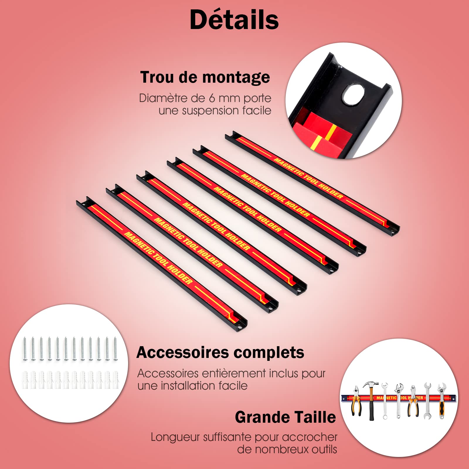 GYMAX Lot de 6 Barres Magnétiques 46 CM Capacité de Charge de 10 KG pour Outils, Porte-Outils Mural en Ferrite, Baguette Aimantée pour Outils, Convient pour Cuisine, Garage, Atelier