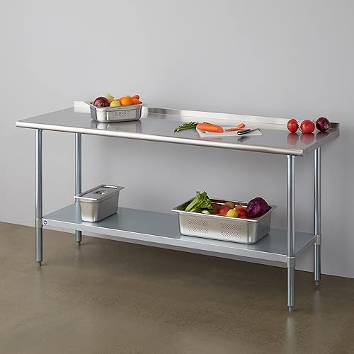 Miniatura 2 de Rockpoint - Mesa de acero inoxidable para preparación y trabajo con protector contra salpicaduras, 72x24pulgadas para cocina comercial de metal NSF,
