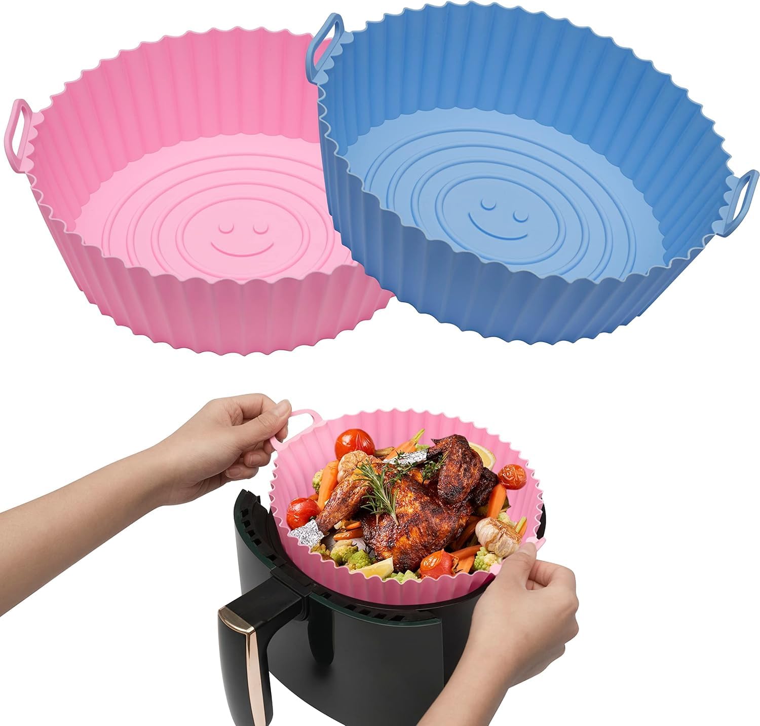 2-Pack Silicone Air Fryer Liners, Reusable Non-Stick Food Safe Air Fryer Liners Basket 9-Inch for 5.3 Qt or Bigger - Heat-Resistant Grease-Proof Round Air Fryer for Oven, Microwave (Pink&Blue)