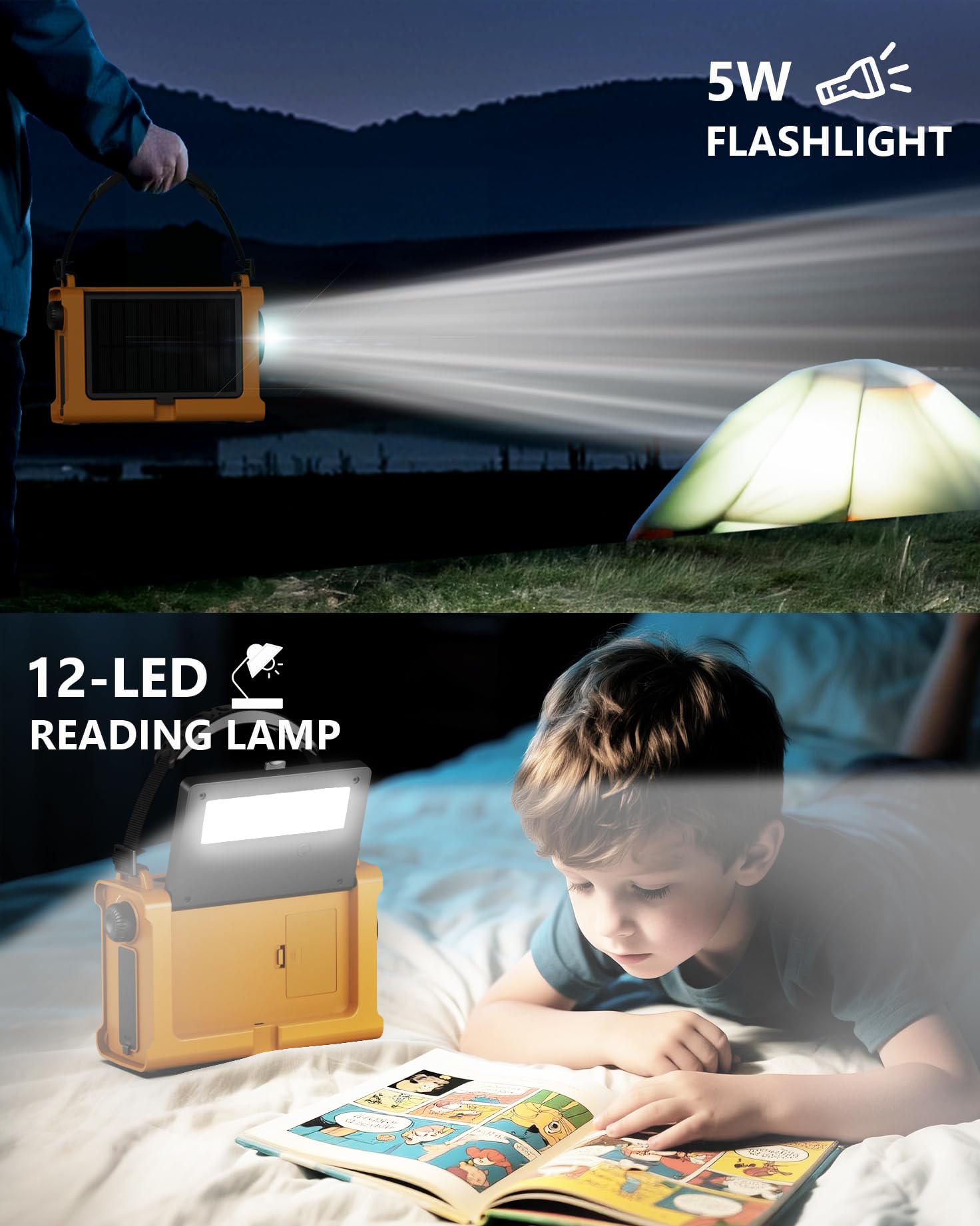 Notfall-Wetterradio mit Solar und Handkurbel – tragbares NOAA AM/FM-Wetteralarm-Radio, 12000 mAh/44400 mWh Powerbank, LED-Taschenlampe & Leselampe, SOS-Alarm für Hurricane Kit Camping Survival