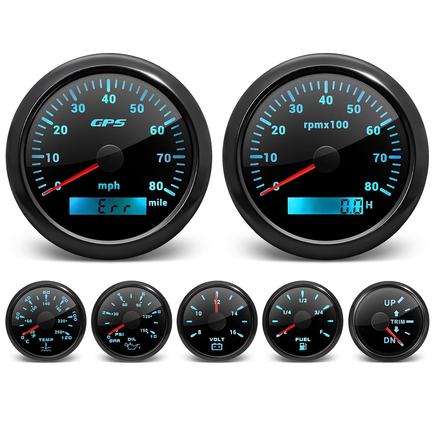 ARTILAURA 7 Gauge Set 3-3/8" 85mm GPS Speedometer, Tachometer, 2-1/16" Fuel Level, Water Temperature, Oil Pressure, Volt, Trim 7 Color Marine Boat Gauges Kit (Black)
