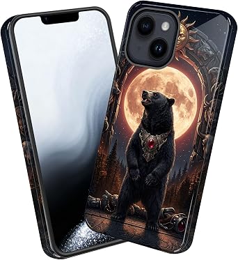 for iPhone 15 Case,Heavy Duty Shockproof Dual-Layer Phone Case with Drop Protection, Non-Slip Protective Cover for iPhone 15,Black Bear Under Full Moon