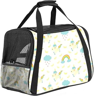 Bolsa transportadora de mascotas de viaje con diseño de unicornios, color amarillo claro, bolsa de transporte para mascotas pequeñas con asa de transporte y correas de hombro, aprobada por aerolíneas