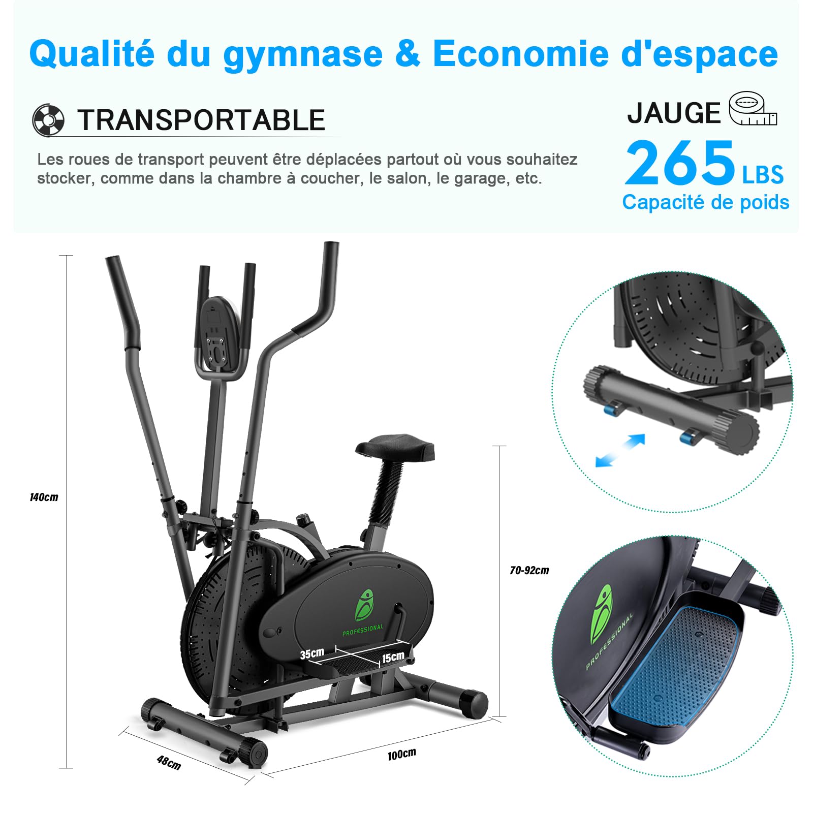 Exerciseur Vélo Elliptique pour la Maison, Vélo d'exercice 2 en 1 avec Siège et Résistance Réglables, écran LCD, Peu Encombrant, Capacité de Charge de 265 LBS