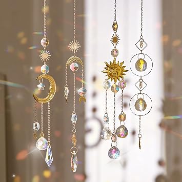4PK Crystal Suncatcher for Windows Hanging Decor, Prism Sun Catcher with Chain and Hook, Rainbow Maker for Ceiling Garden Home Indoor Ornaments