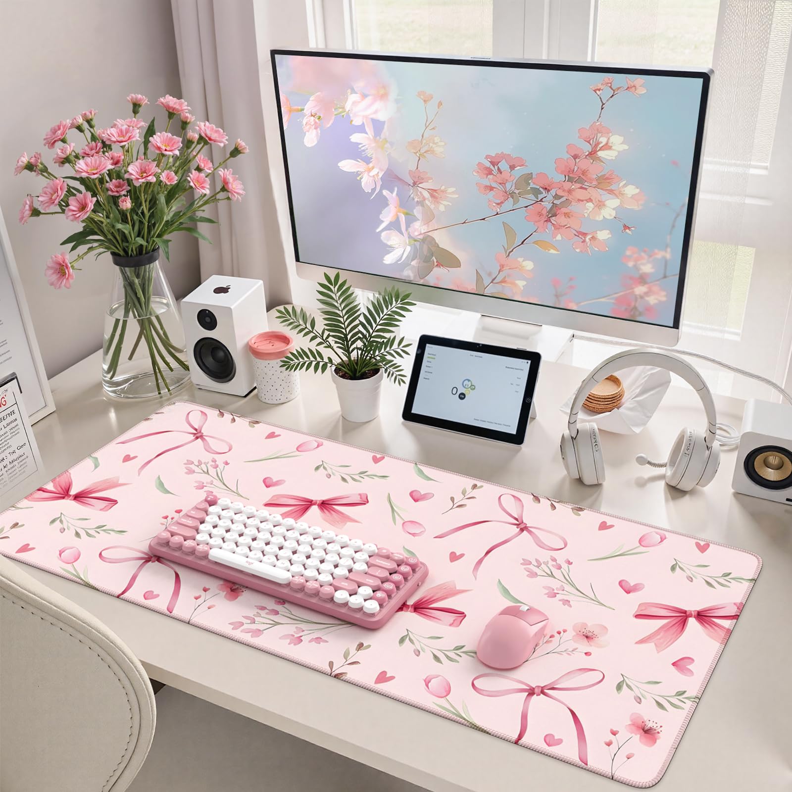 HAOCOO Pink Coquette Desk Mat for Keyboard and Mouse,Cute Floral Large Mouse Pad,Non-Slip Waterproof Desk Pad,Computer Mat with Edge Stitching for