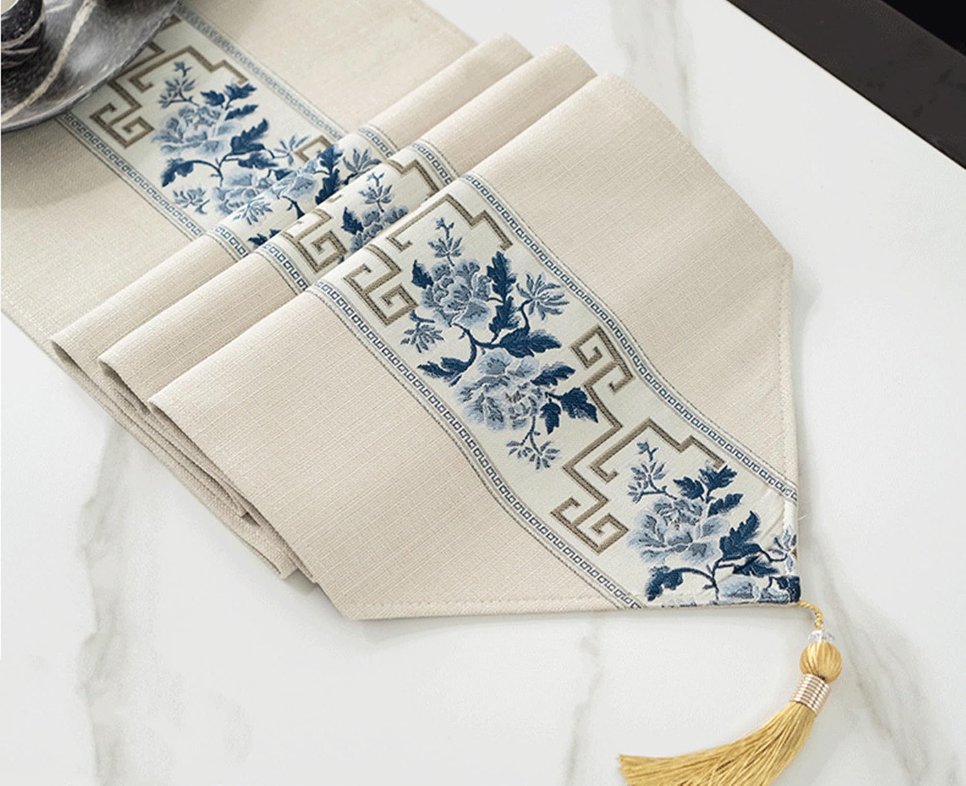 Runner da Tavolo Cotone Poliestere 33x300 cm, Runner da Tavola Moderno Lavabile Motivo Fiori Ricamato Stile A Righe con Nappe Decorazioni Matrimonio Tavoli per Cucina, Beige