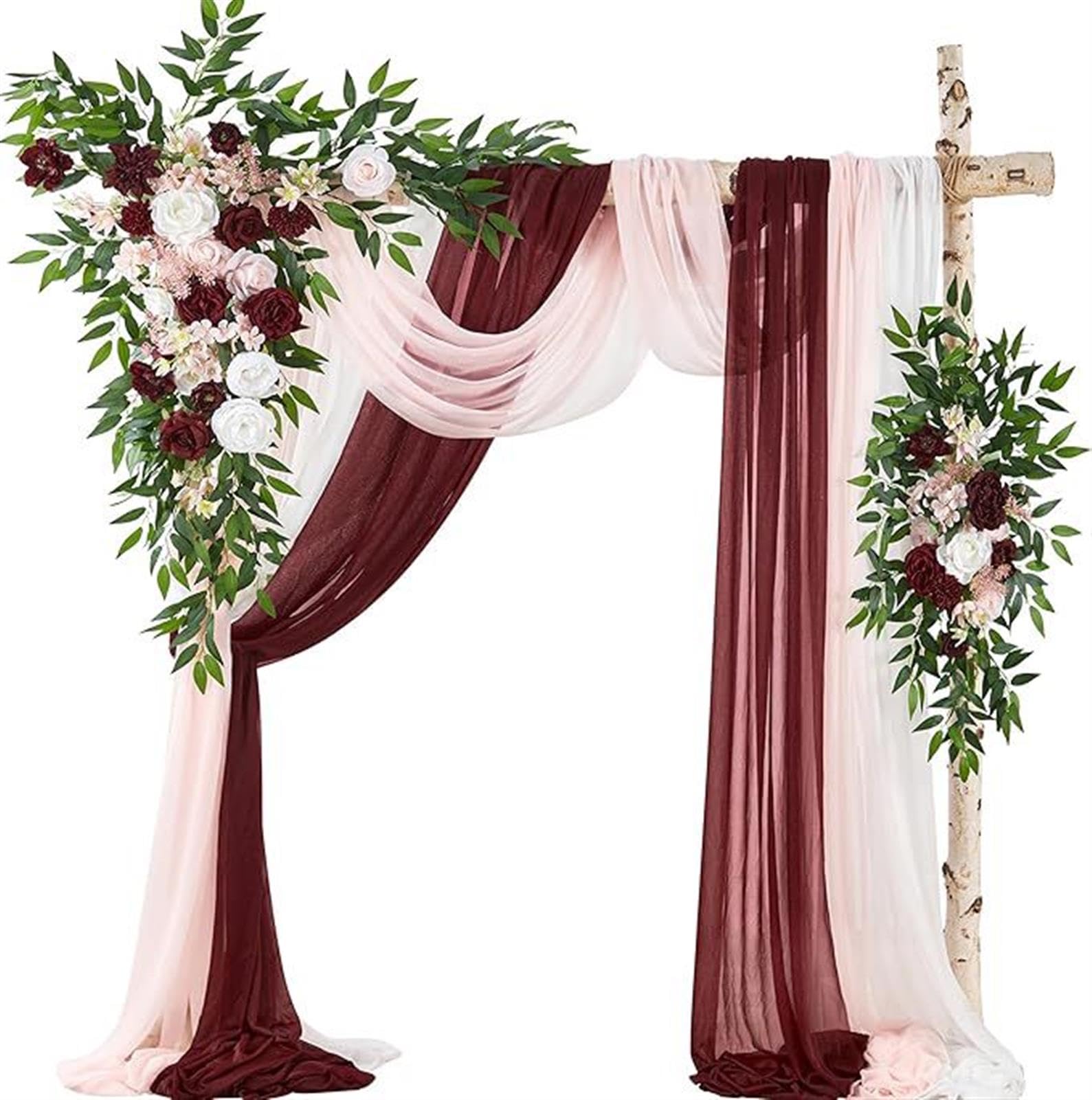 Flores Artificiales para Arco De Boda (Paquete De 5) con 2 Guirnaldas De Flores Artificiales 3 Tela Drapeada De Gasa Translúcida para Fondo De Decoración De Ceremonia De Boda,Rojo