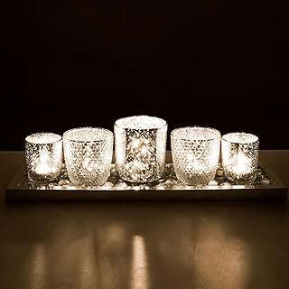 Tea Light Candle Holders, Silver Glass Candle Holders with Tray and Glas...