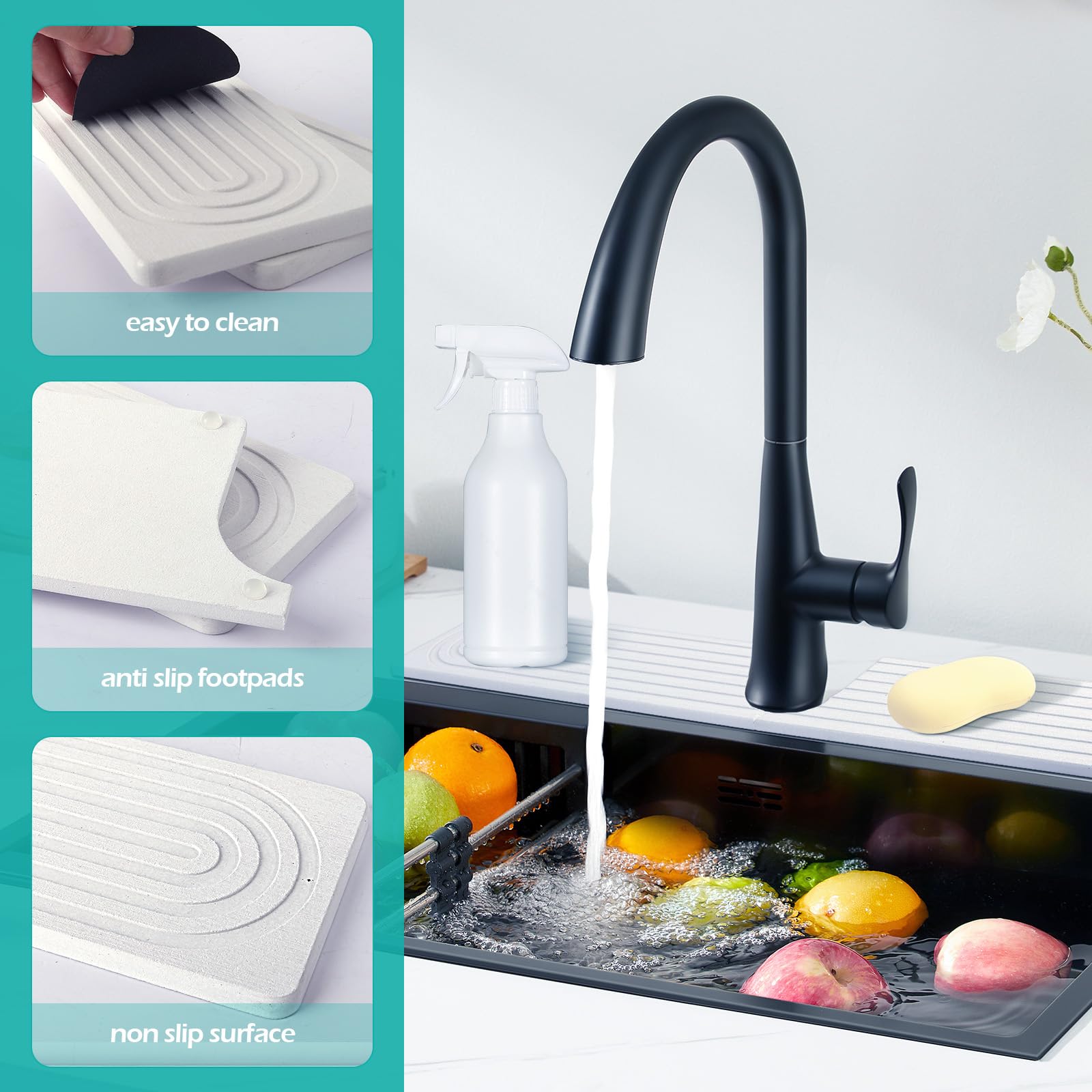 comfoyar Tappetino per Rubinetto in Pietra, Protezione per Lavello per Lavello da Cucina Paraspruzzi, Diatomite Tappetino ad Asciugatura Rapida per Ripiano Bagno, Super Assorbente, 60×10cm, Bianco