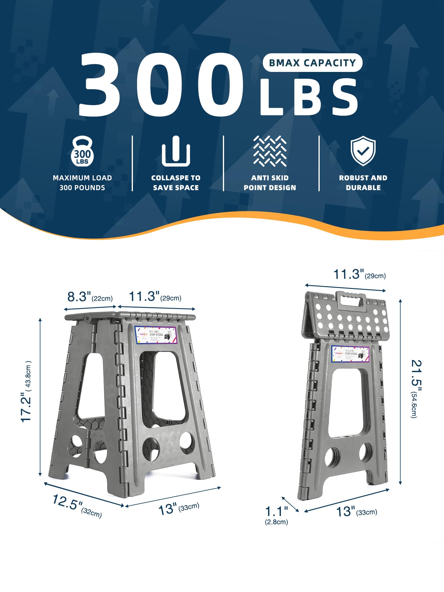 HOUSE DAY Sgabello Pieghevole 46cm Grigio - Sgabello Portatile, Antiscivolo, Resistente Fino A 136kg, Per Casa E Esterno