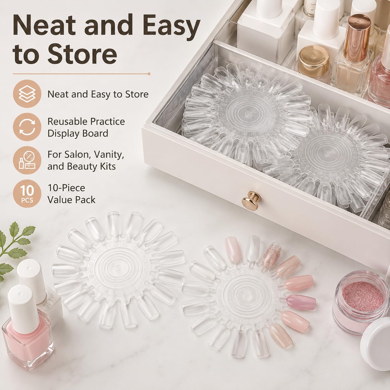 10Pcs Transparent 18 Tips Display, Plastic Nail Art Polish Palette Wheels False Nail Art Tips Practice Display Board