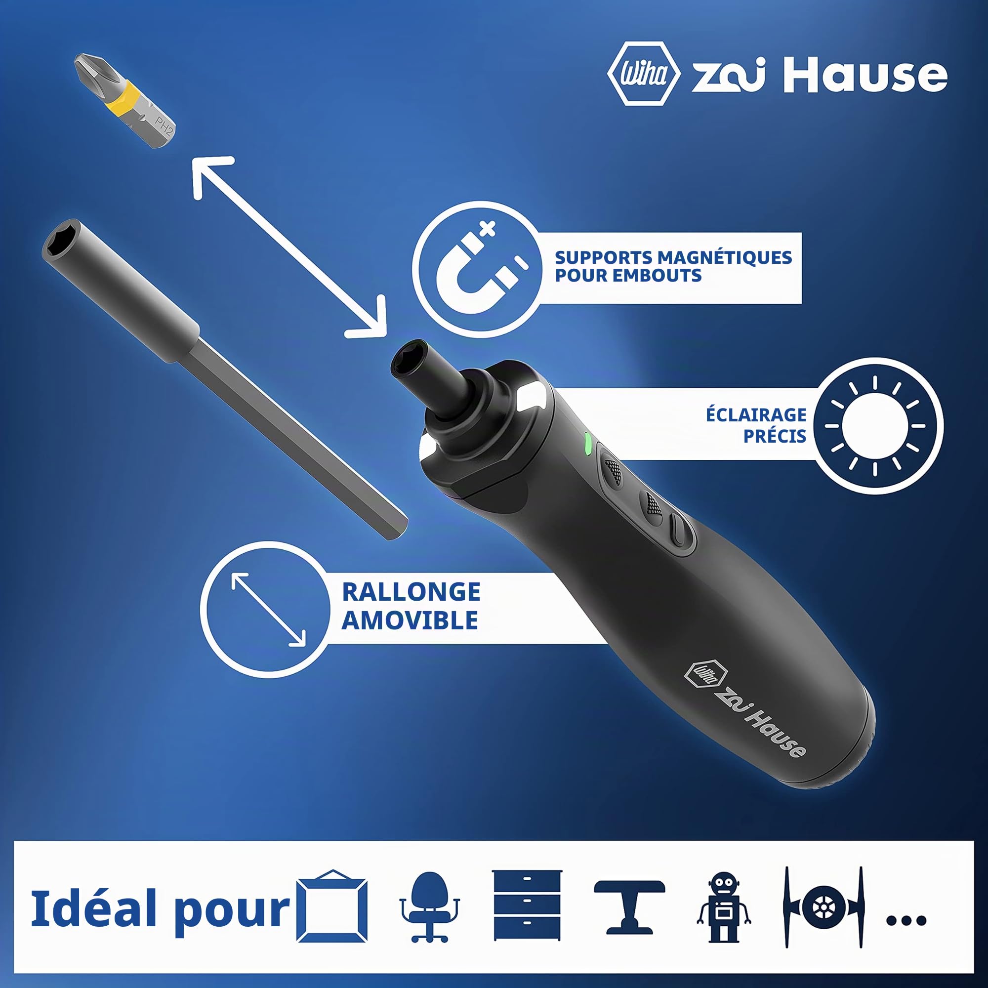Wiha zai Hause Electric Cordless Screwdriver with 8 Bits, 3.6 V Li-Ion | (44621) Precision screwdriver set with adjustable torque, magnetic bit head and LED light, incl. USB-C charging cable