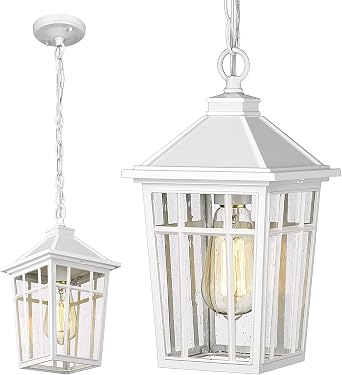 Darkaway Outdoor Pendant Light Fixture, Outdoor Hanging Light Porch Lights Fixtures Anti-Rust Waterproof Aluminum with Seeded Glass for Porch Entryway Doorway Farmhouse White