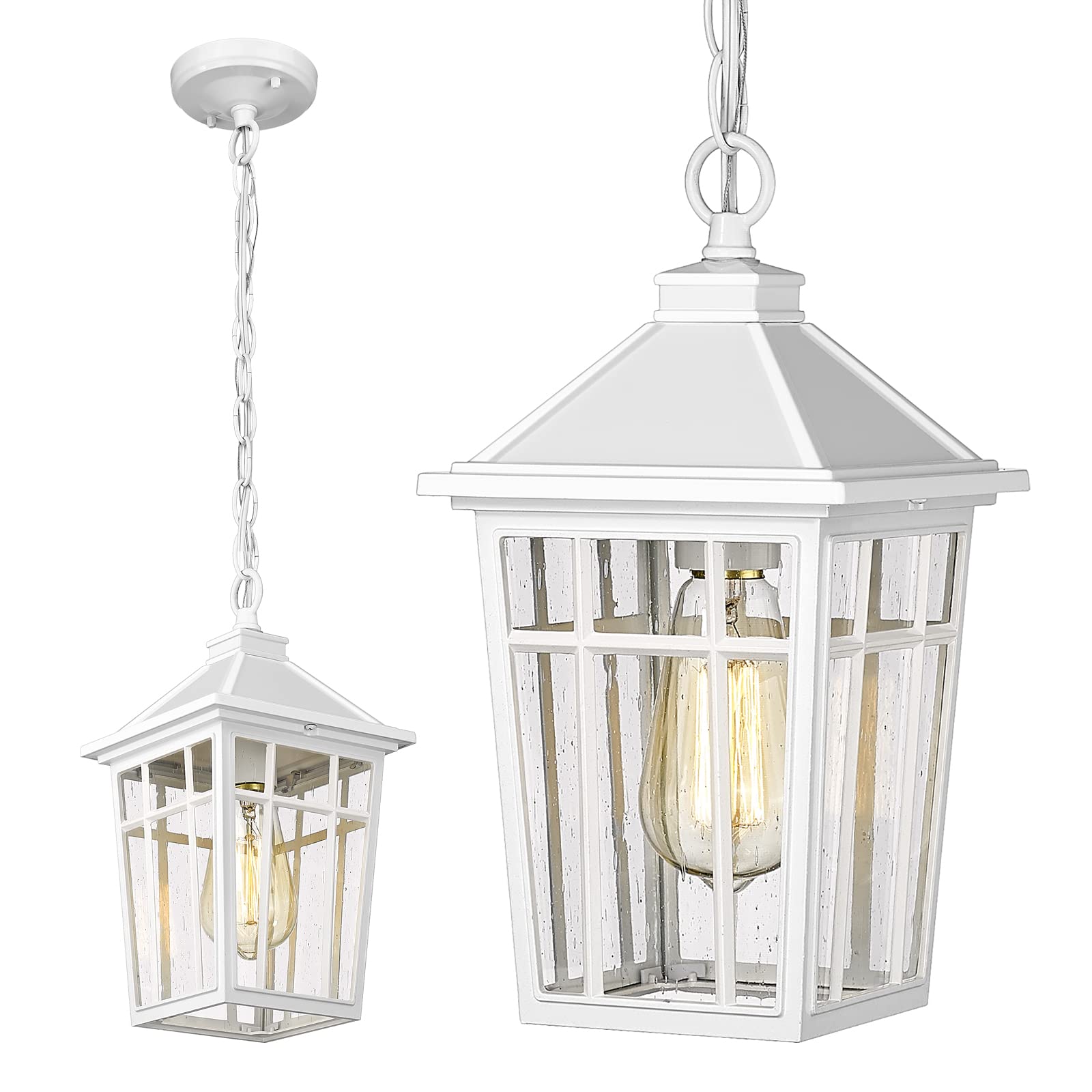 Darkaway Outdoor Pendant Light - Waterproof Aluminum With Seeded Glass, Farmhouse White, 6.5x12.2 Inches, E26 Bulb Compatible