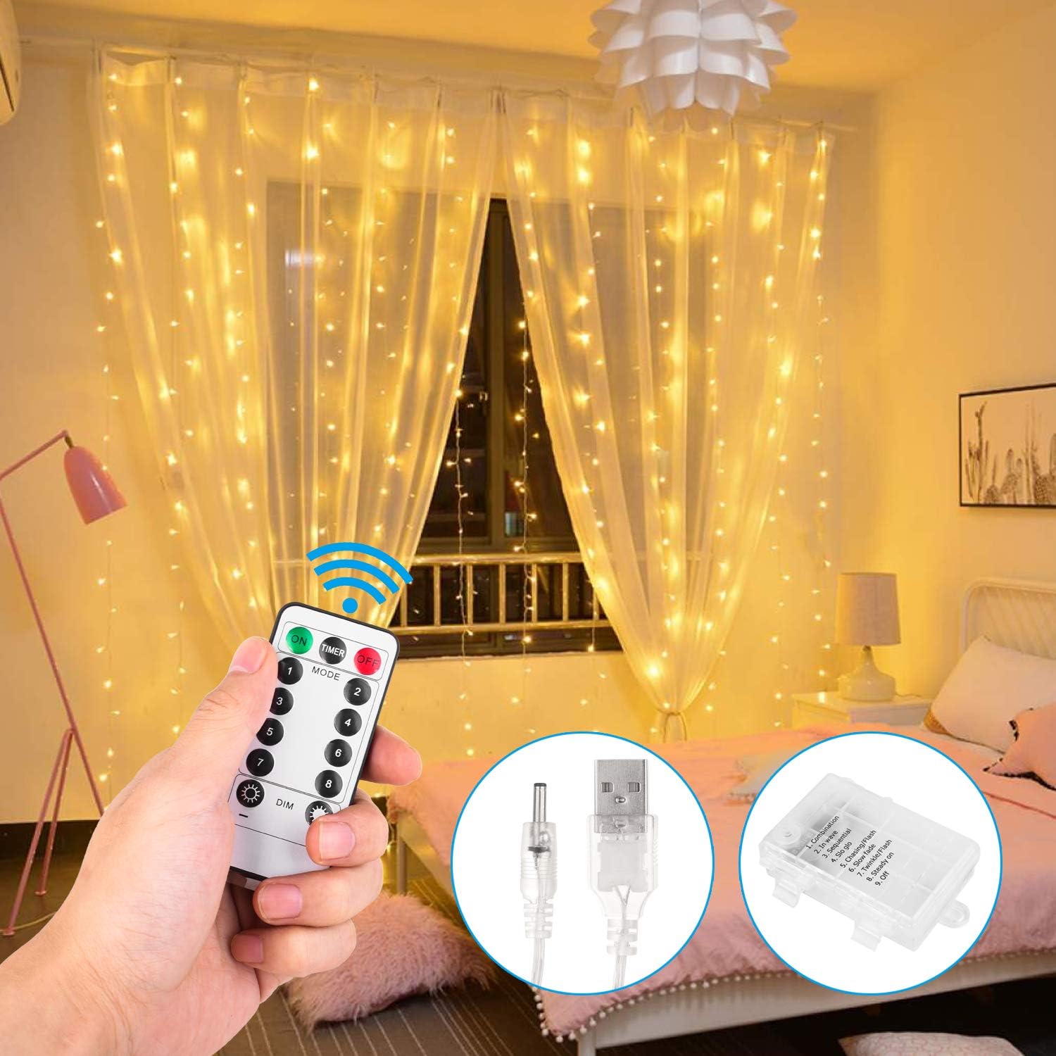 Fairy Curtain String Lights - 3m x 3m USB Operated Or Battery Powered Warm White Christmas LightsใTimingใRemote control ใ8 Modesใ300 LED ใIndoor Outdoor Lights for GazeboใWedding ใGardenใ Party