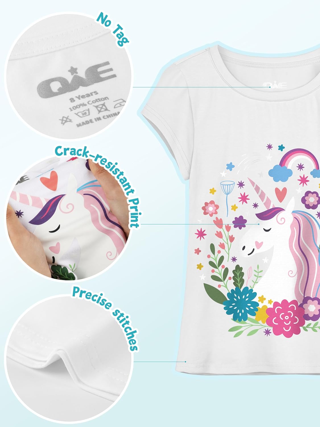 QWE 5 Pack Girls Shirts Cotton Short Sleeve Shirts for Girls Graphic Kids Tops Tees Clothes Summer T-Shirts 5-12Y