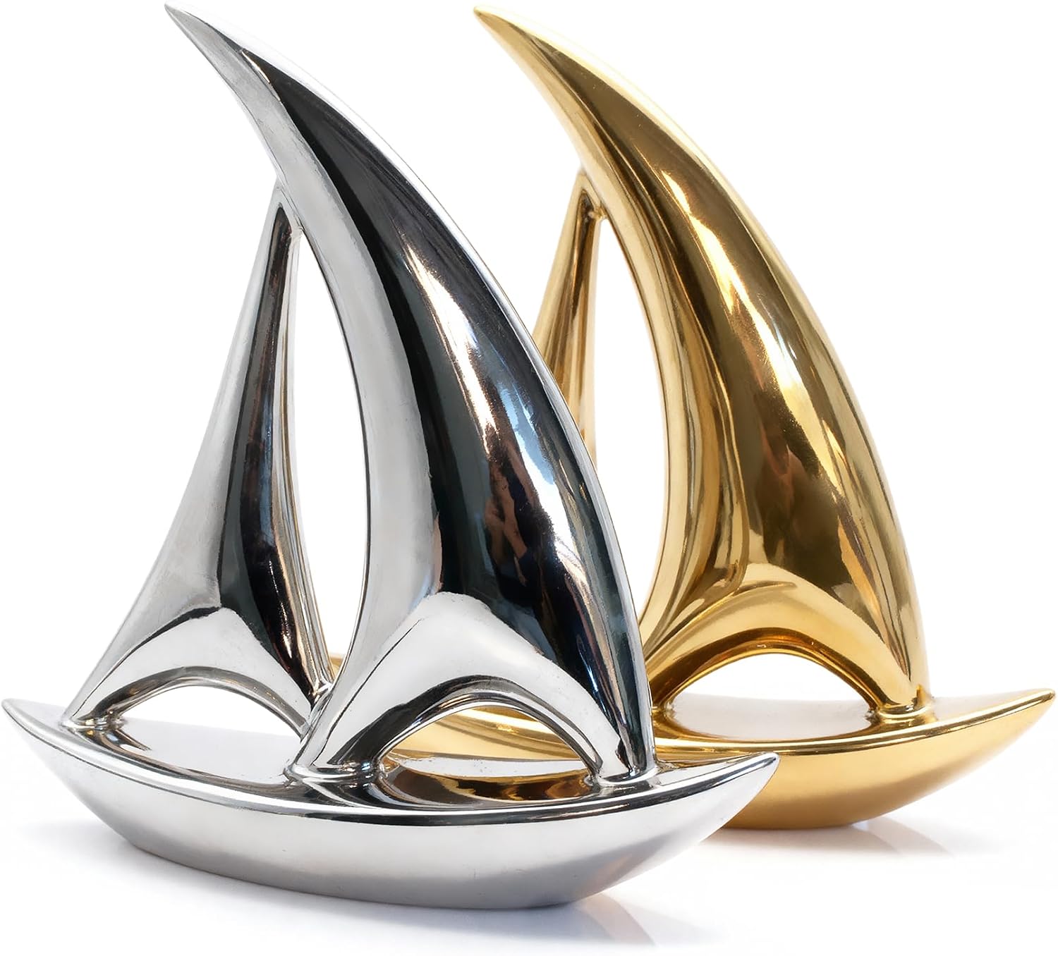 Sailboat Decor Set of 2, Gold & Silver Ceramic Sculptures 7.87", Coastal Nautical Mantel & Bookshelf Decor, Modern Boat Figurines for Living Room Office, Housewarming Gift