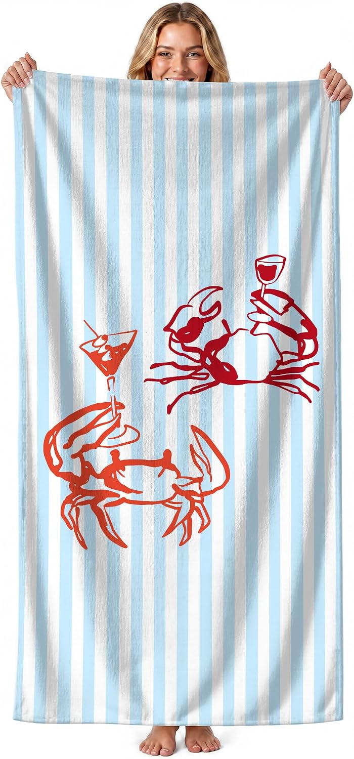 Coastal Lobster Cocktail Beach Towel, Blue Striped Seafood Martini Beach Towels Gifts for Women Men, Coastal Quick Dry Travel Sand Free Towel Decor for Bathroom Swimming Pool Beach, 30x60in