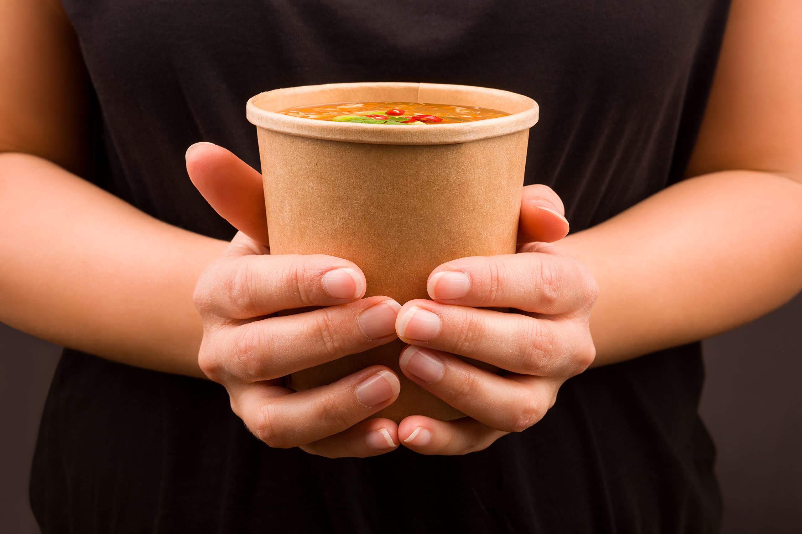 BAMI 500 Suppenbecher To Go mit Kraft Deckel | 350ml/12oz - braun | Biologisch abbaubar & kompostierbar | Einweg Suppenschale Soup To Go