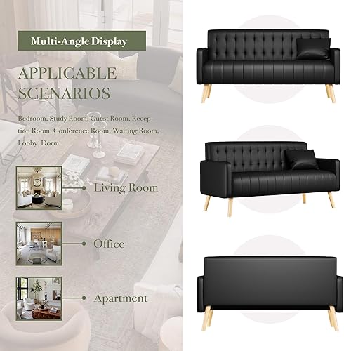 Miniatura 8 de Sofá biplaza de 57 pulgadas de ancho, pequeño sofá negro de piel sintética con puertos de carga USB, sofás de dos plazas modernos de mediados de