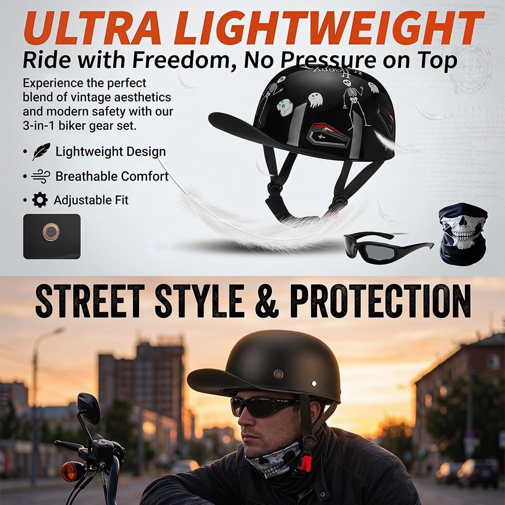 Halbschalenhelm Motorradhelm ECE-Zulassung Baseball Cap Mit Fahrradbrille Fahrradvisier Cruiser Chopper Scooter Helm Herren Retro Motorrad Halbhelm MäNner Frauen Mofa Helm 57-62cm