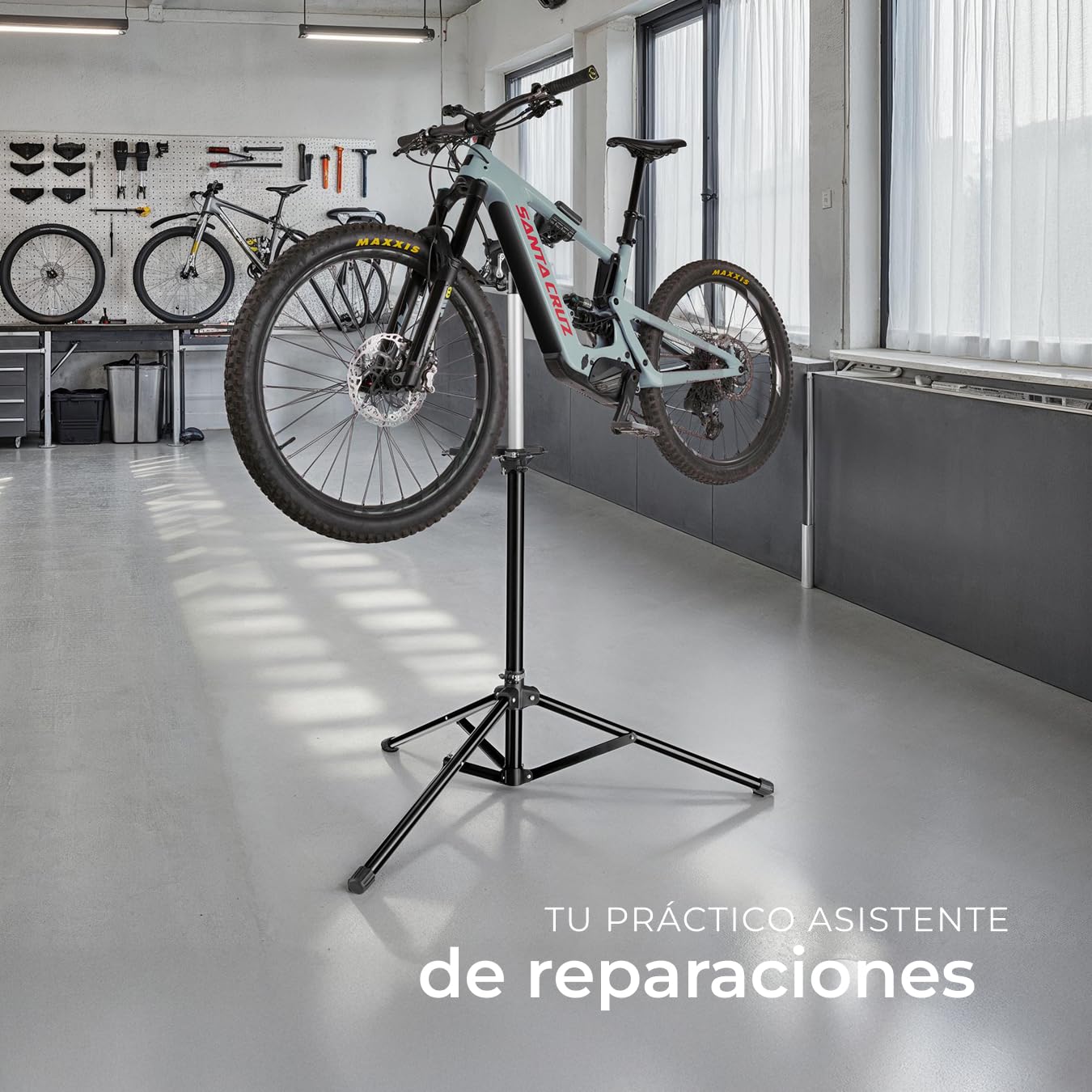 tectake® Soporte Bicicleta Taller, Bandeja Magnética Giratoria, Caballete Bicicleta Plegable, Herramientas Bicicleta Eléctrica Montaña o Carretera, Soporte Taller Bicicleta Ajustable, Carga Max 50 kg