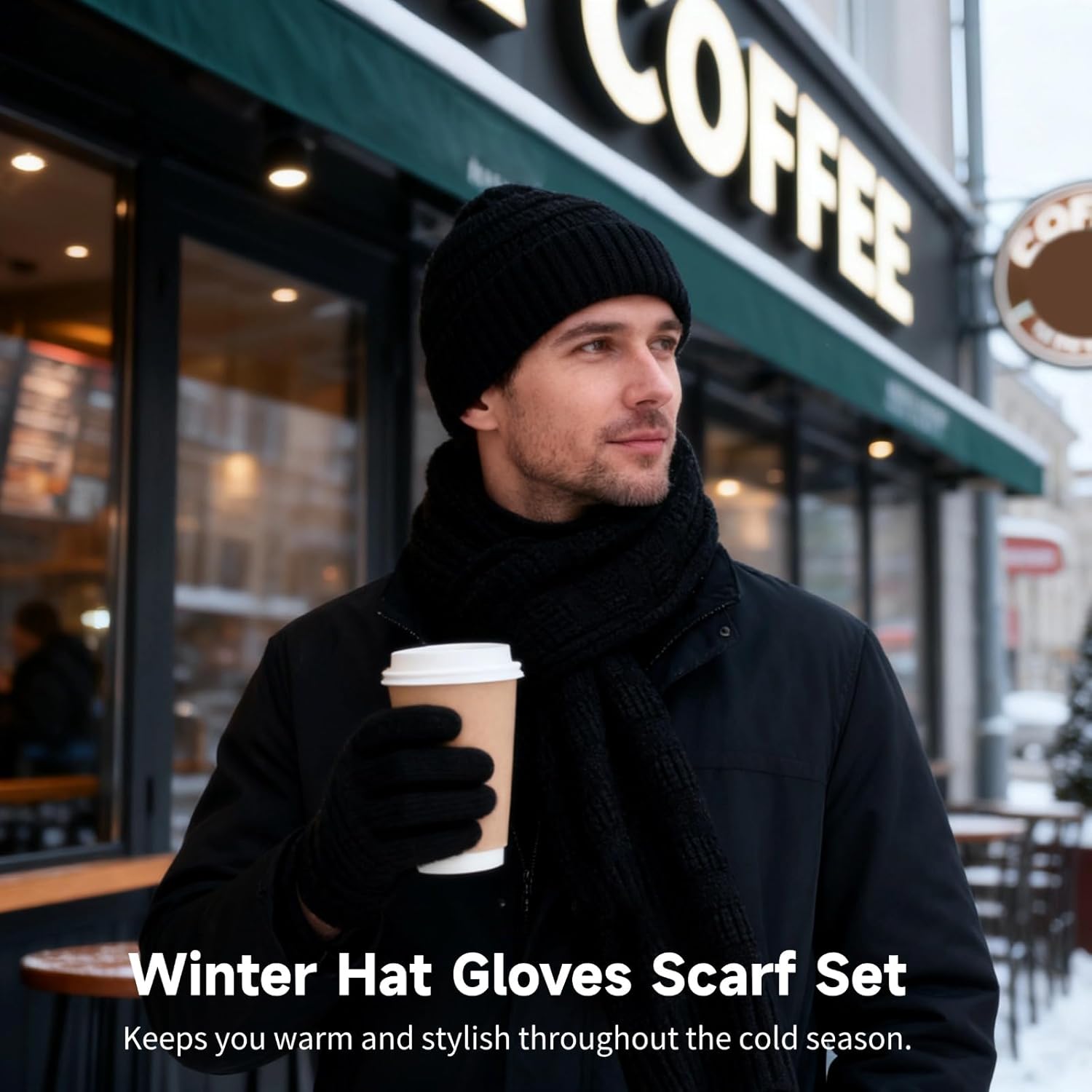 Cold Weather Scarves, Winter Hat Gloves Scarf Set, Knit Beanie Hat with Scarf & Touchscreen Gloves for Men Women, Black - Image 3