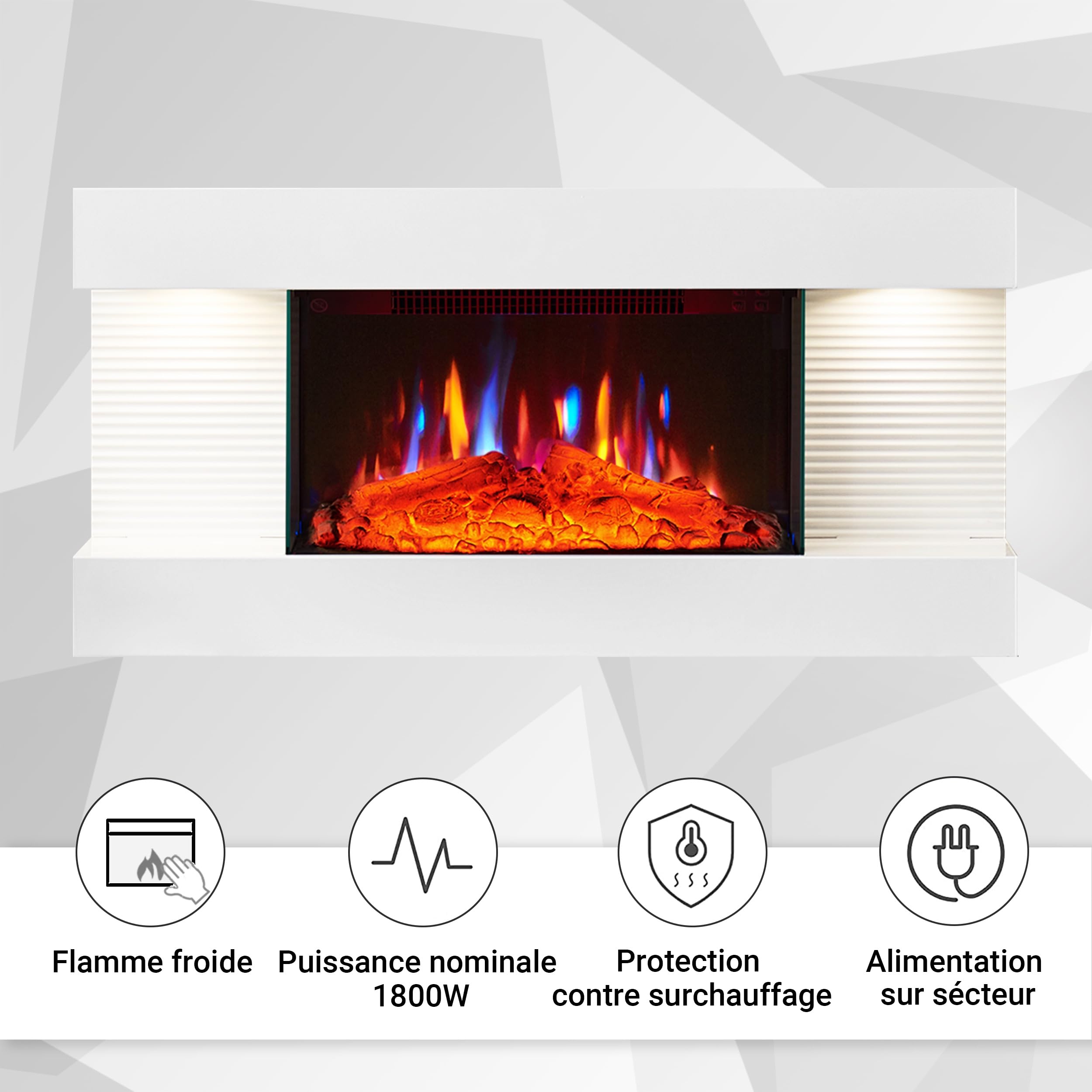 BALDERIA Cheminée murale électrique Ida avec effet flamme 3D | Chauffage électrique 1800 W | avec télécommande, contrôle de démarrage, minuterie et thermostat | Blanc