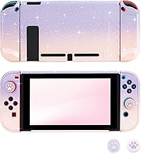 RHOTALL Cute Case for Nintendo Switch, Switch Accessories Kawaii Protective Cover Case for Switch and Joycon Controller with 2 Glitter Cute Cat Claw Thumb Grips (Pink & Purple)