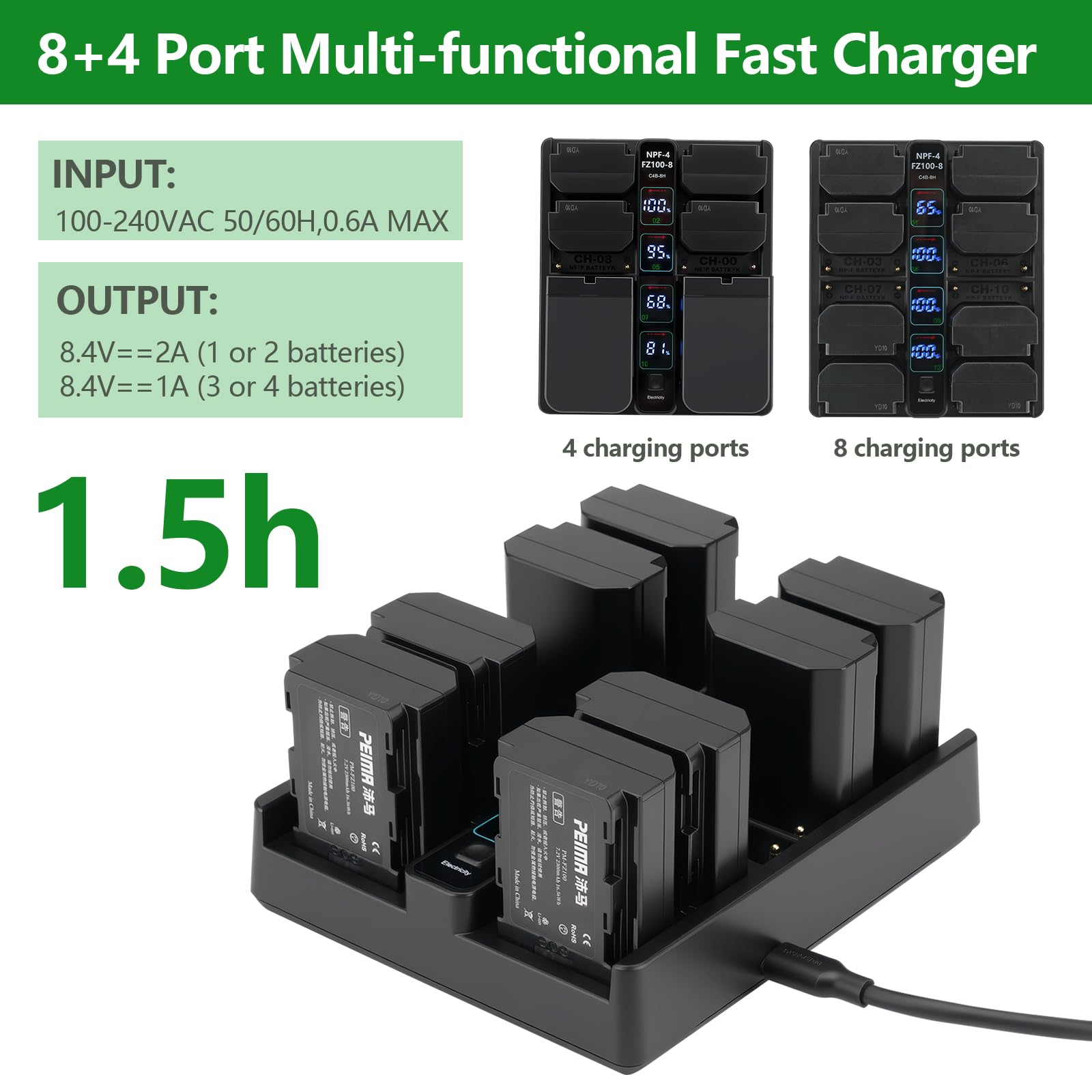 Peima C4B-8H Kameraakku-PD-Schnellladegerät – 4-Fach NP-F PD & 8-Fach FZ100 Multi-Akku-Ladestation – Schneller USB-C PD-Eingang, intelligente LED-Statusanzeige, kompaktes Design