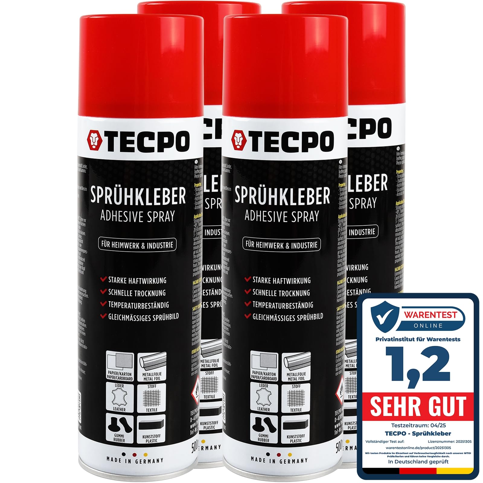 TECPO Lot de 4 sprays de colle industrielle 500 ml, adhésif industriel, forte adhérence, séchage rapide, haute résistance à la température, polyvalent pour textiles, cuir, mousses, matériaux d