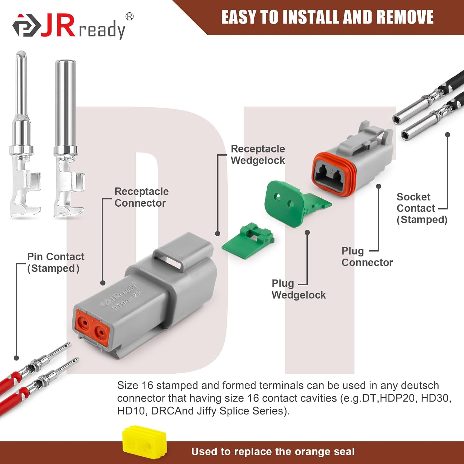 JRready DW1018 2 3 4 6 8 12 Pin Deutsch Connector Kit, IP68 Waterproof Electrical Automative DT Connectors Kit with Size 16 Stamped Contacts Pin Removal Tools and 14AWG Yellow Seals