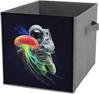 Cute Astronaut Space Trippy Galaxy Planet Colorful Jellyfish Storage Box, Foldable Organizer Bin for Bath Towels, Cleaning Supplies, PU Leather and Canvas Storage Cube with Handles