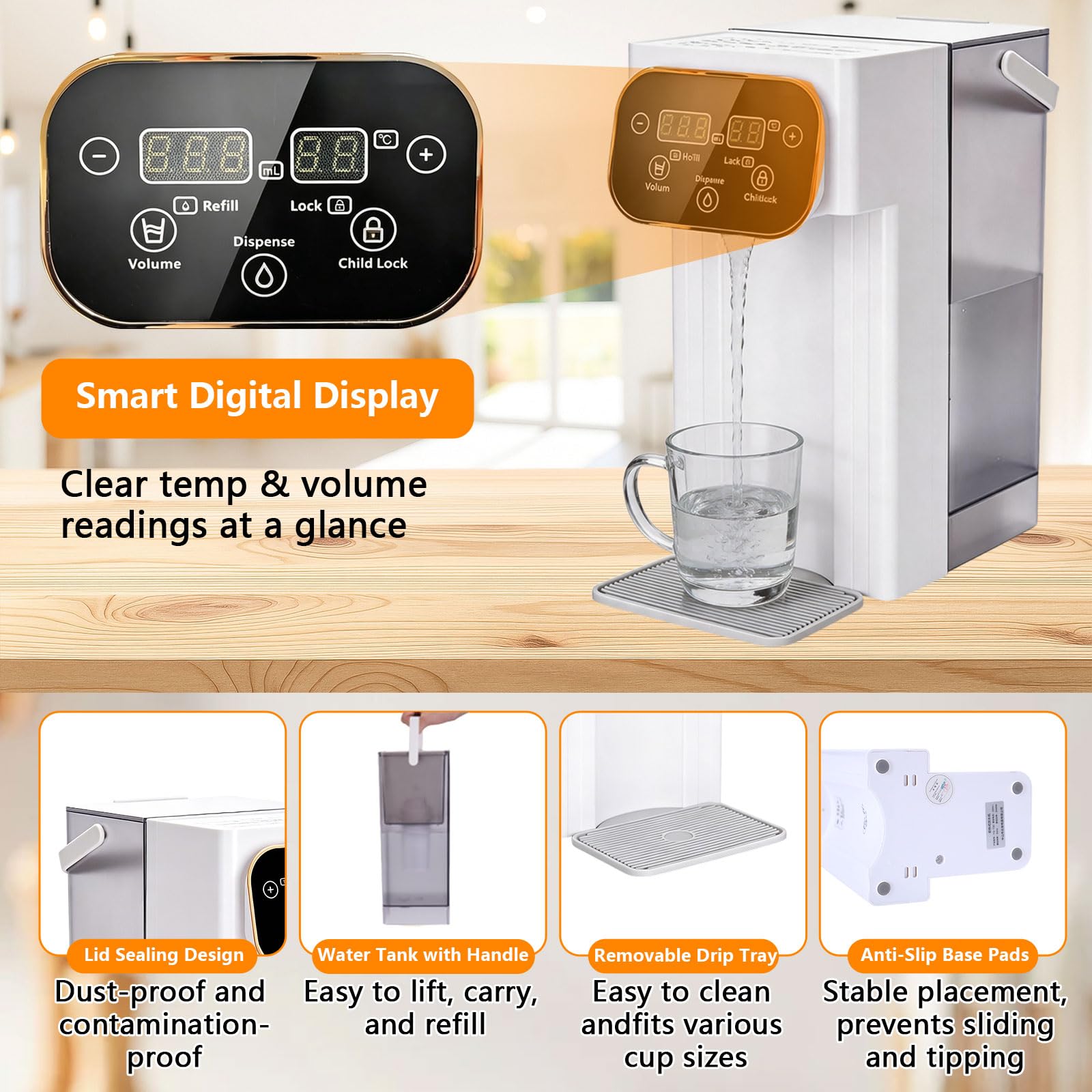 Heißwasserspender, 3L Wasserspender mit 12 einstellbaren Temperaturen & 8 Wassermengen, 3-Sekunden-Schnellheizung, LED Touchscreen, Hitzeschutz-Kindersicherung, für Küche, Büro