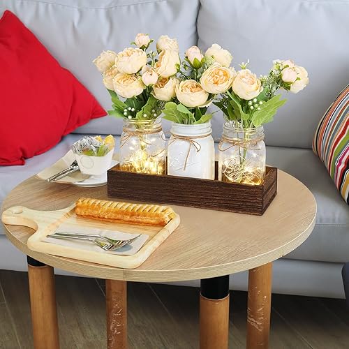 Miniatura 4 de Fowecelt Decoración de mesa con luces de tarro de masón decoración para comedor sala de estar cocina bandeja de madera con 3 frascos de masón centro