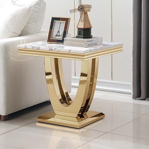 Henf Mesa auxiliar moderna de mármol blanco de lujo para sofá de mármol sintético con forma de U, base de acero inoxidable con espejo dorado, mesita