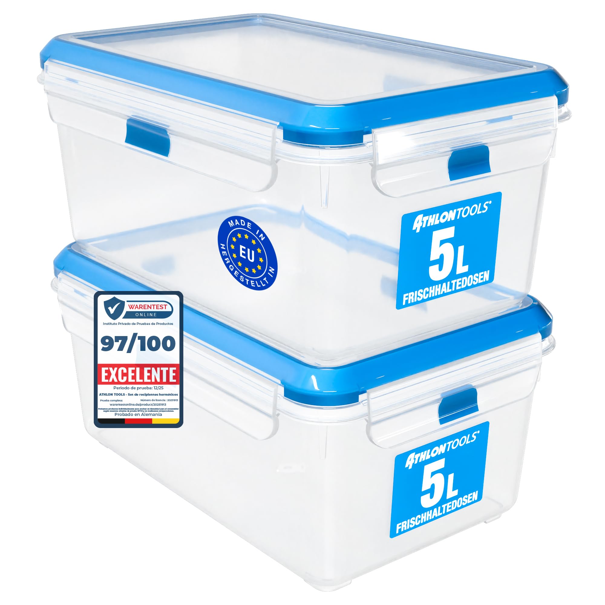 ATHLON TOOLS Juego de 2 recipientes herméticos de 5 l de calidad gastronómica, 100% herméticos y a prueba de fugas, de 40 a +100 grados, para todos los alimentos, sin BPA