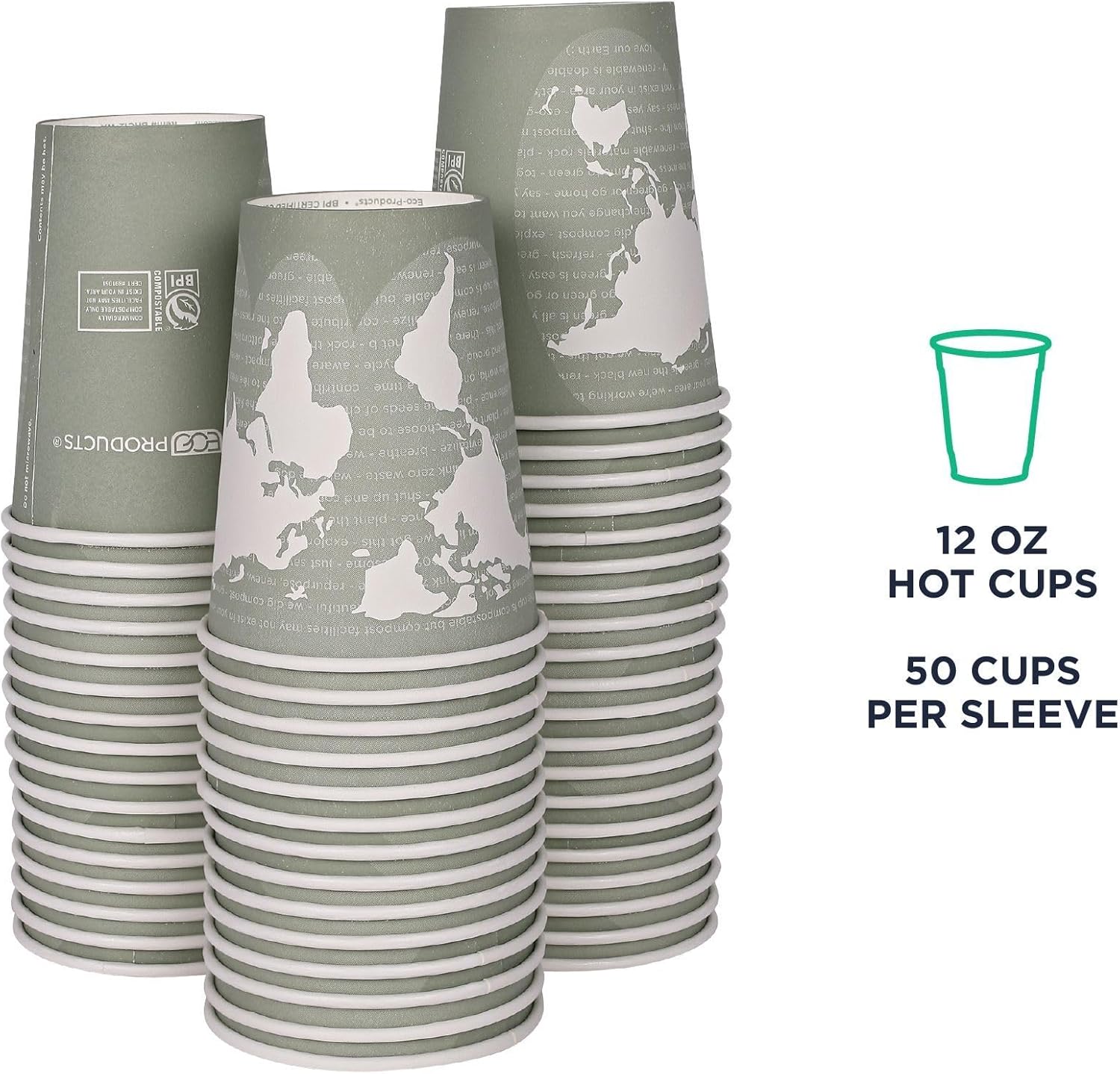 ECO PRODUCTS Compostable Disposable World Art 12oz Large Coffee Cups, Case of 1000, Renewable Hot Paper Cup, Plant Based PLA Lining, Color Coded