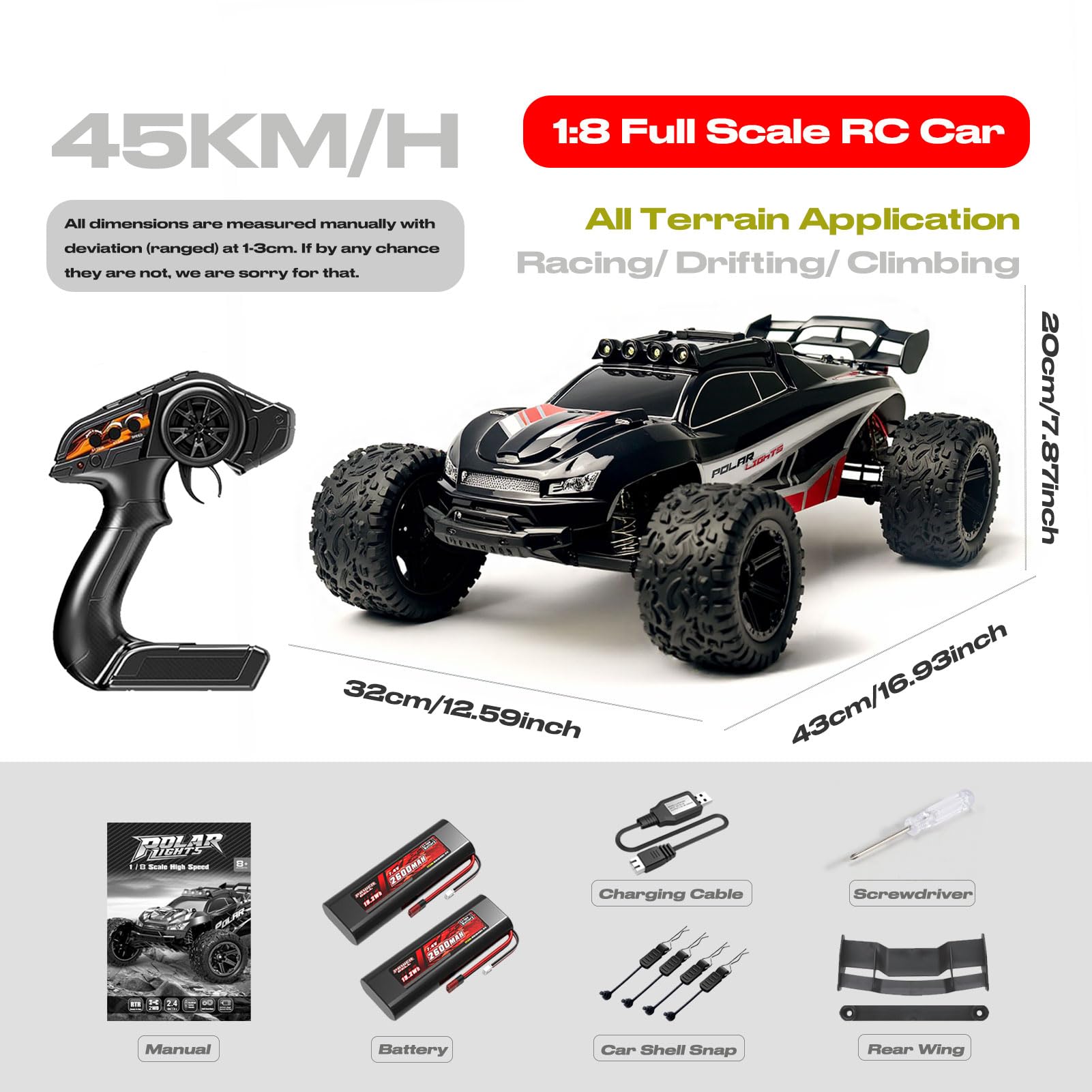 Coche RC Monster 1:8 Todo Terreno, 45+ KM/H, para Adultos y Niños, Regalo Cumpleaños
