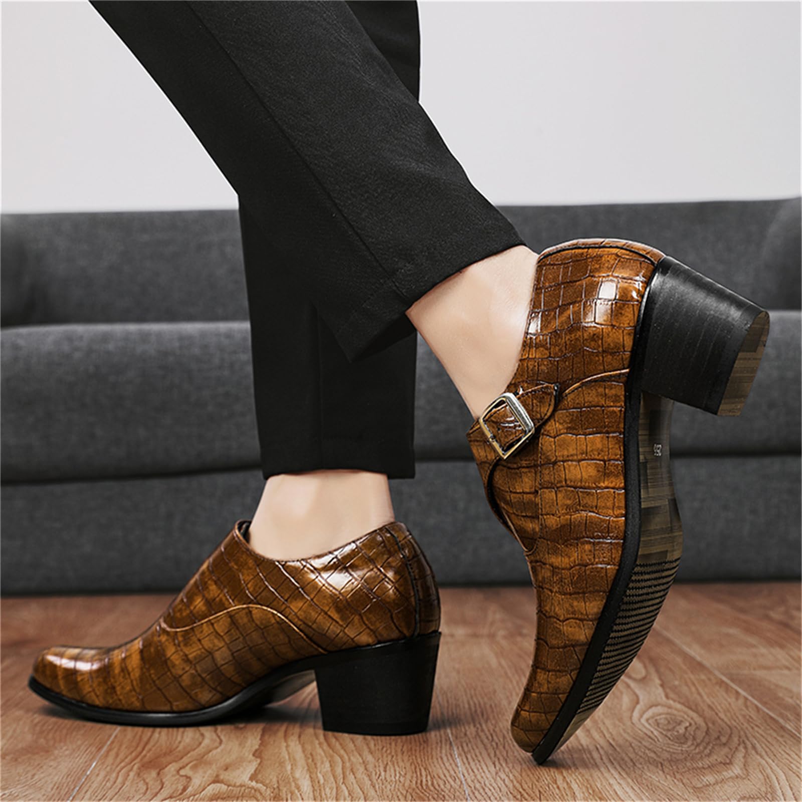 Scarpe Eleganti con Tacco Alto da Uomo Scarpe da Festa in Pelle con Punta A Punta Scarpe da Ballo Casual con Cinturino E Tacco A Blocco