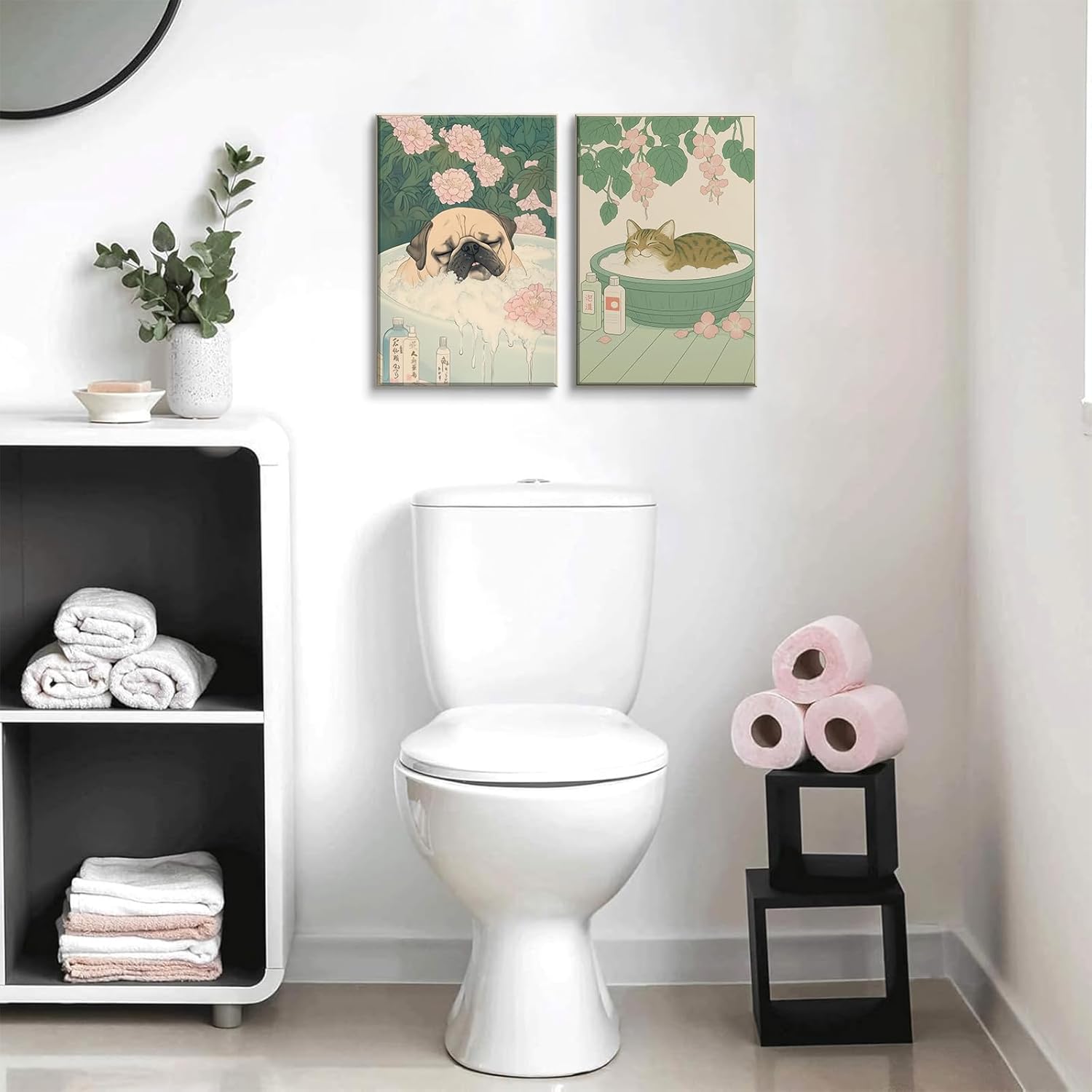 Japanese Ukiyo-e Cat Dog Bath Canvas Wall Art - Japandi Style Bathroom Wall Decor, Funny Pet Lover Gift, Ready to Hang Framed Wall Art for Bathroom Bedroom Living Room, 12x16 In - Image 4