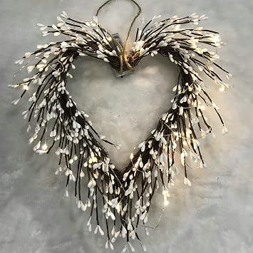 Rustic Grapevine Twig Hearts Garland White Berry Wreath Christmas Wreath Door Garland for Home Decor, Valentines Day, Wedding and Party Decorations 35x30cm