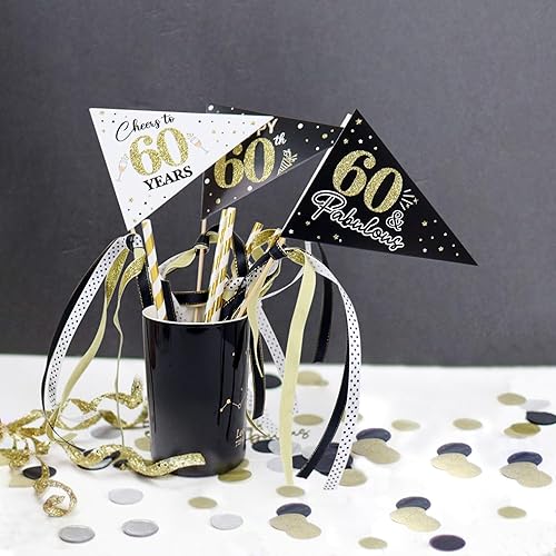 Miniatura 5 de Ercadio Paquete de 8 banderas de papel vintage de 1964 con banderines dorados impresionantes desde 1964, banderas triangulares con cintas, banderas