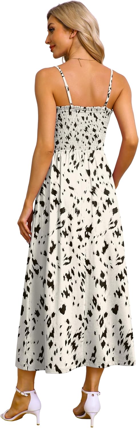 OFEEFAN Womens Spaghetti Strap Maxi Dresses Smocked with Pockets 2026 Summer Spring Casual Boho Beach Long Sundresses thumbnail