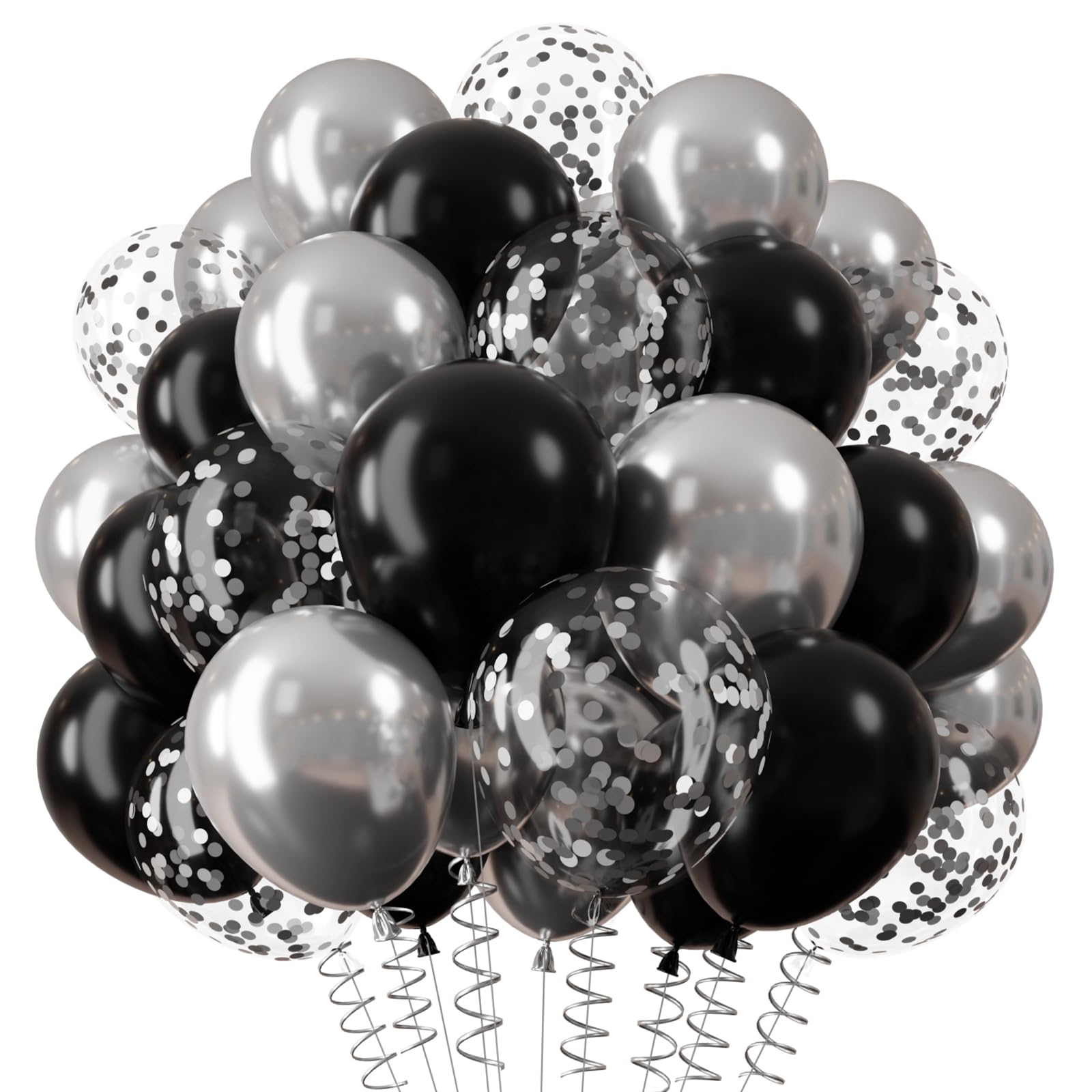 QIFU Black and Silver Balloons - 12 inch Metallic Silver Black Balloon Confetti Balloon Helium Latex Balloons with Ribbon for Birthday Decorations Prom 2026 Graduation Wedding Engagement Bridal Shower — image 1