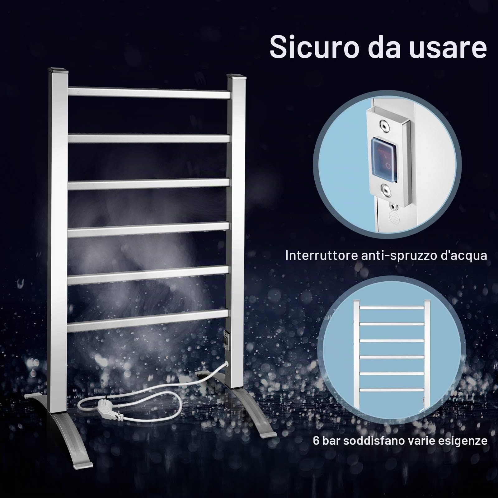 RELAX4LIFE Scaldasalviette Elettrico 100W, Portasciugamani Radiatore da Bagno con 6 Sbarre, Struttura in Alluminio, Montaggio a Parete/da Terra